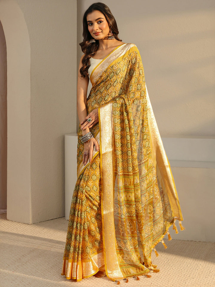Mustard Printed Chiffon Saree With Unstitched Blouse Piece