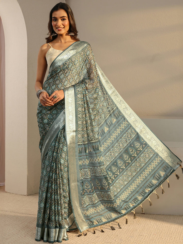 Blue Printed Chiffon Saree With Unstitched Blouse Piece