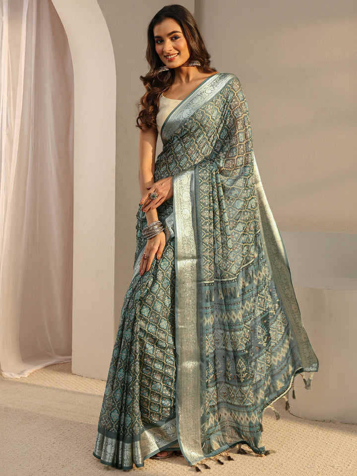 Blue Printed Chiffon Saree With Unstitched Blouse Piece