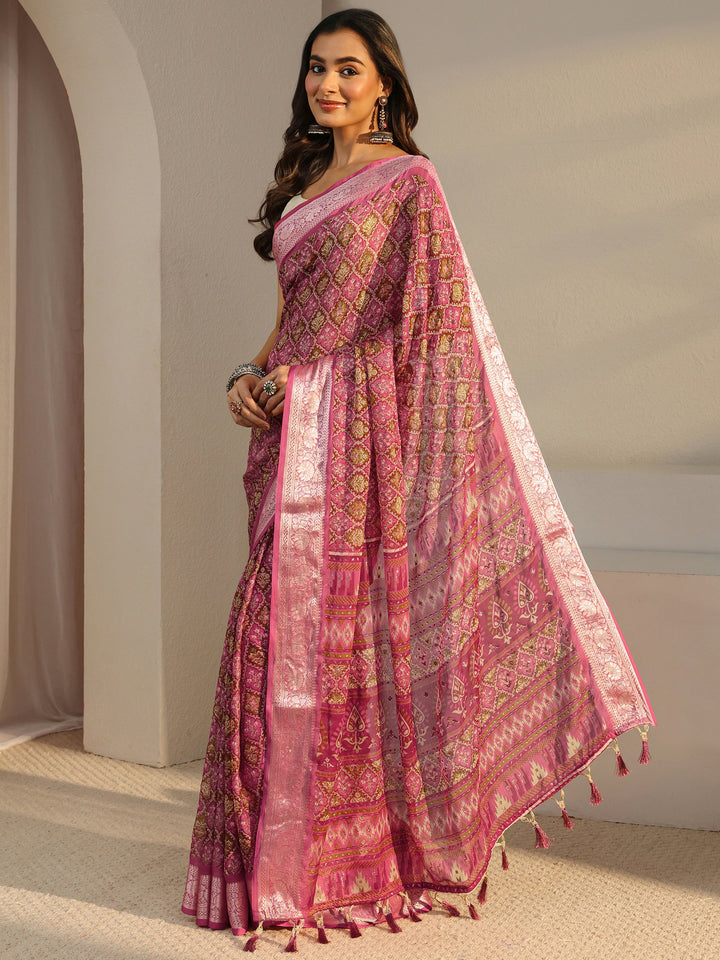 Pink Printed Chiffon Saree With Unstitched Blouse Piece