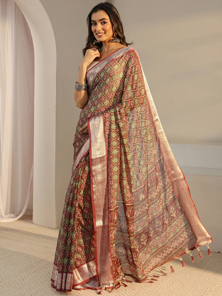 Coral Printed Chiffon Saree With Unstitched Blouse Piece