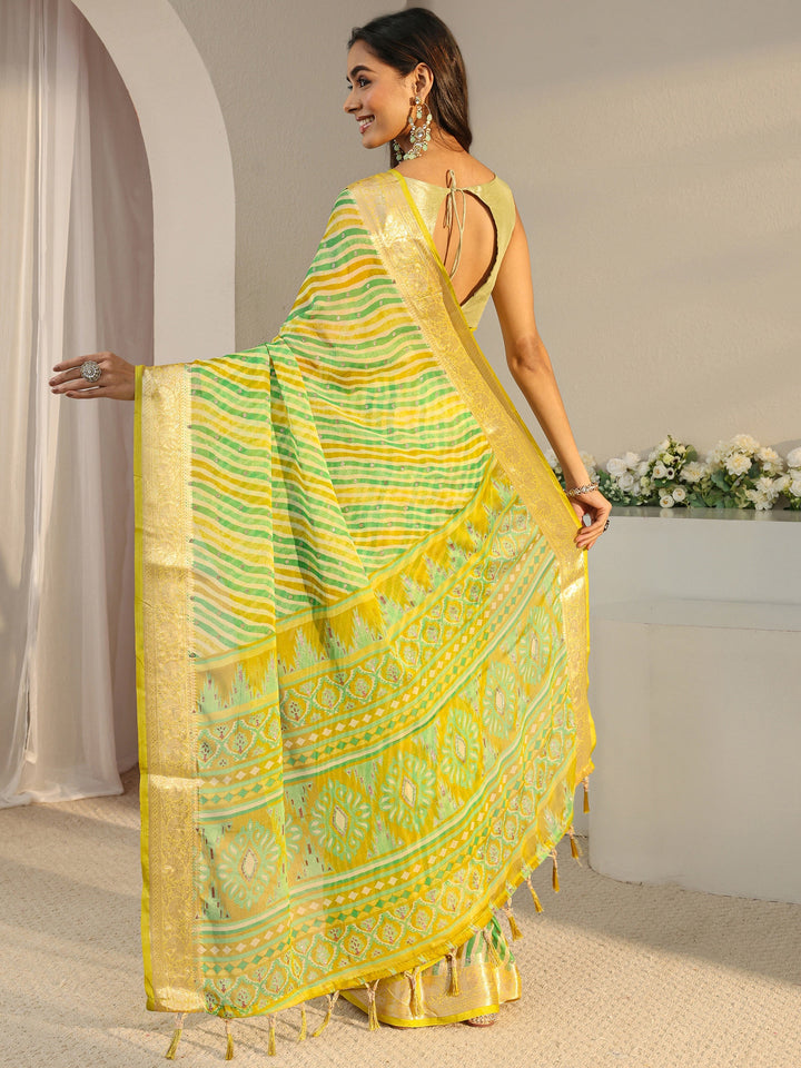 Green Leheriya Printed Chiffon Saree With Unstitched Blouse Piece