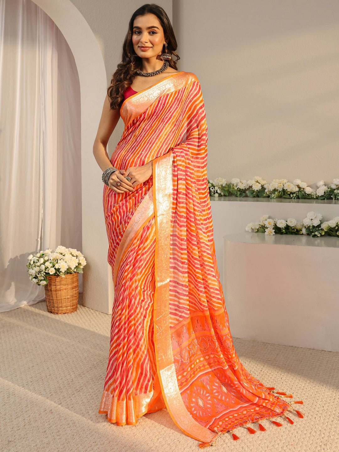 Orange Leheriya Printed Chiffon Saree With Unstitched Blouse Piece