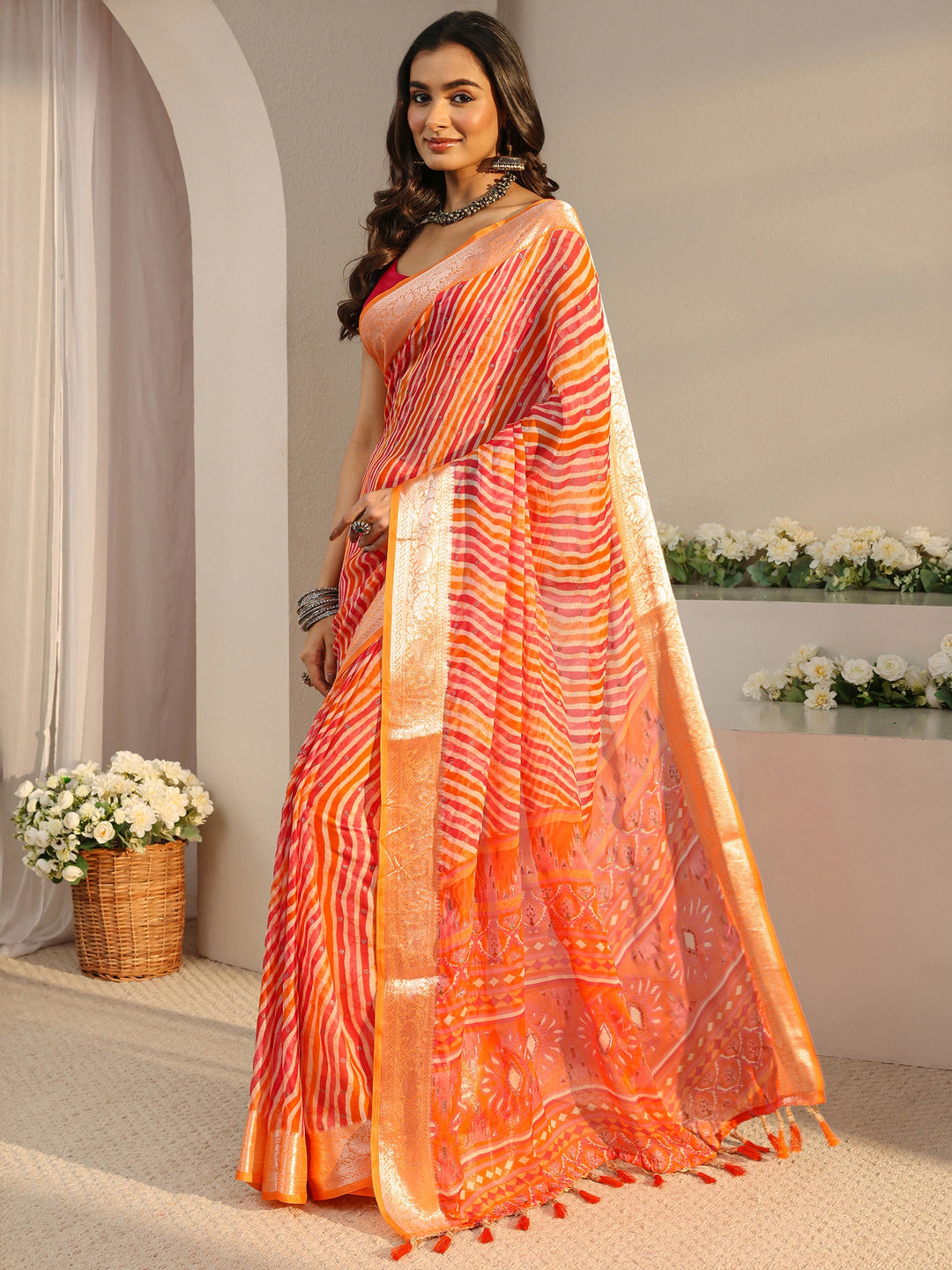 Orange Leheriya Printed Chiffon Saree With Unstitched Blouse Piece