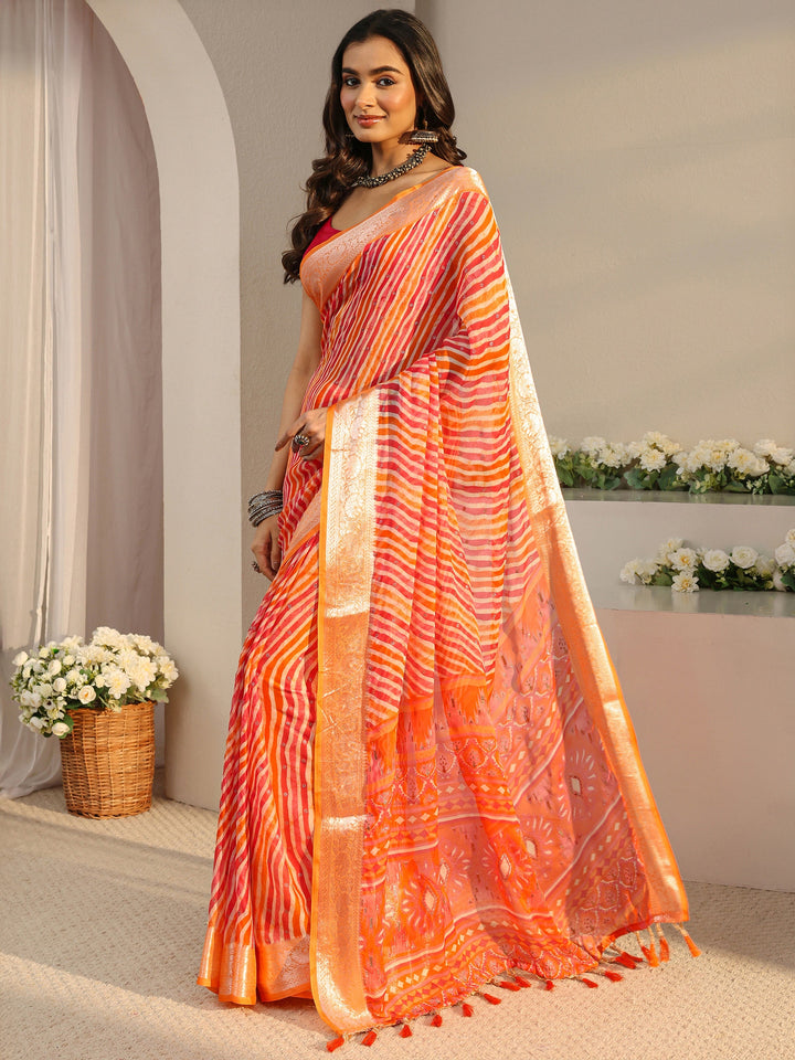 Orange Leheriya Printed Chiffon Saree With Unstitched Blouse Piece