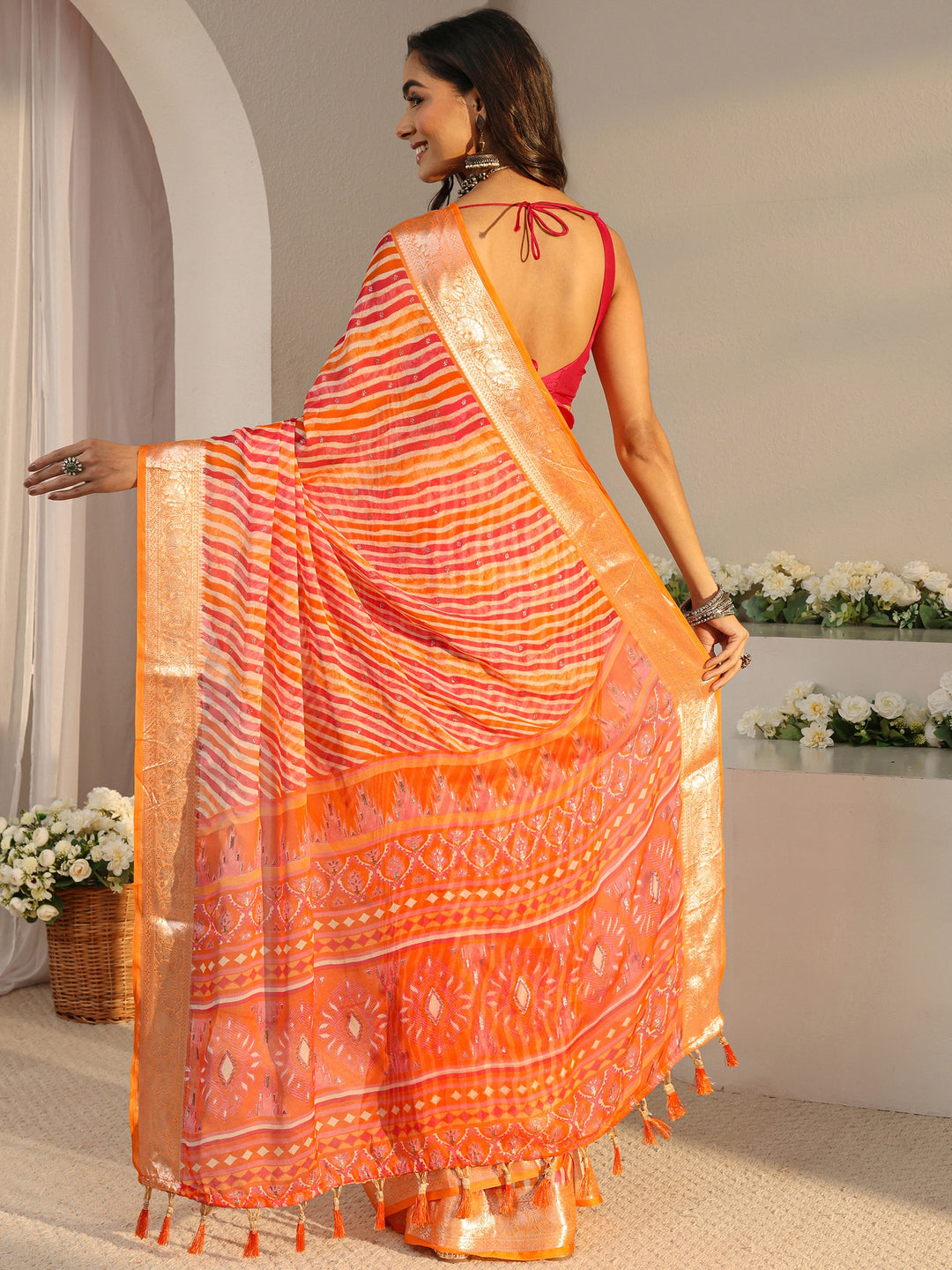 Orange Leheriya Printed Chiffon Saree With Unstitched Blouse Piece