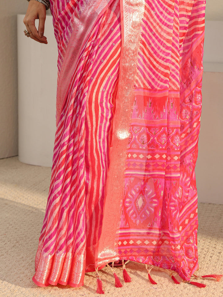 Pink Leheriya Printed Chiffon Saree With Unstitched Blouse Piece