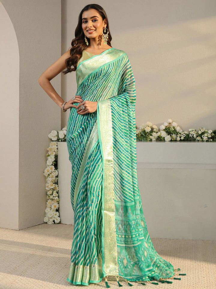 Green Leheriya Printed Chiffon Saree With Unstitched Blouse Piece