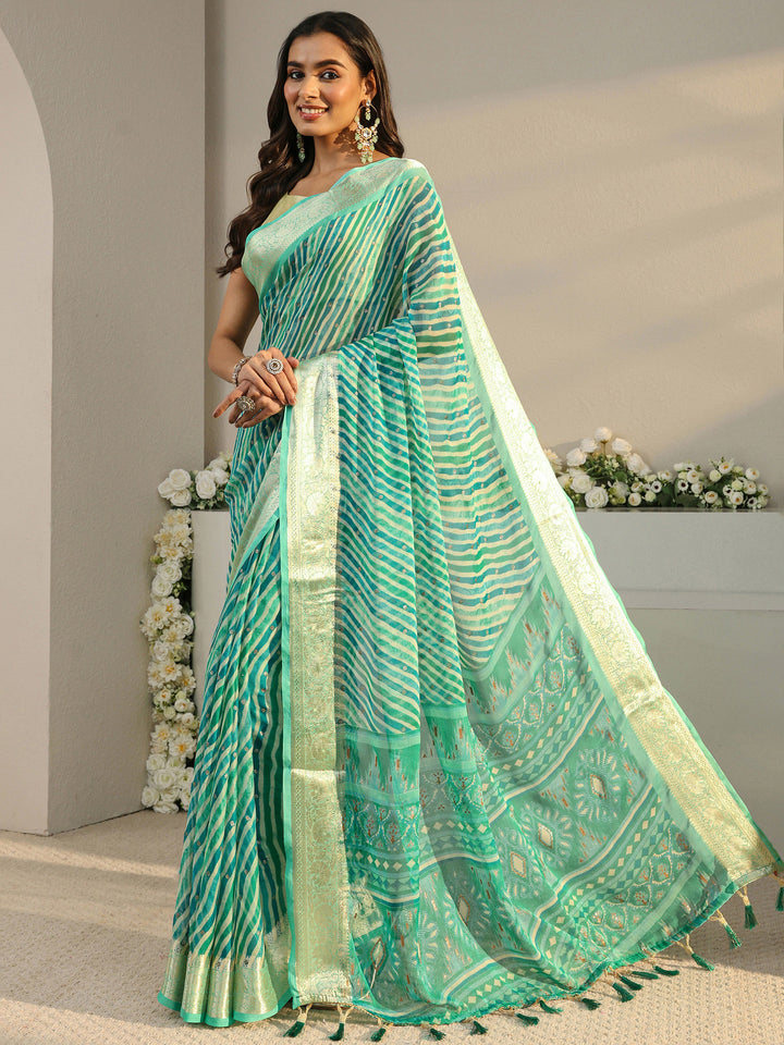 Green Leheriya Printed Chiffon Saree With Unstitched Blouse Piece