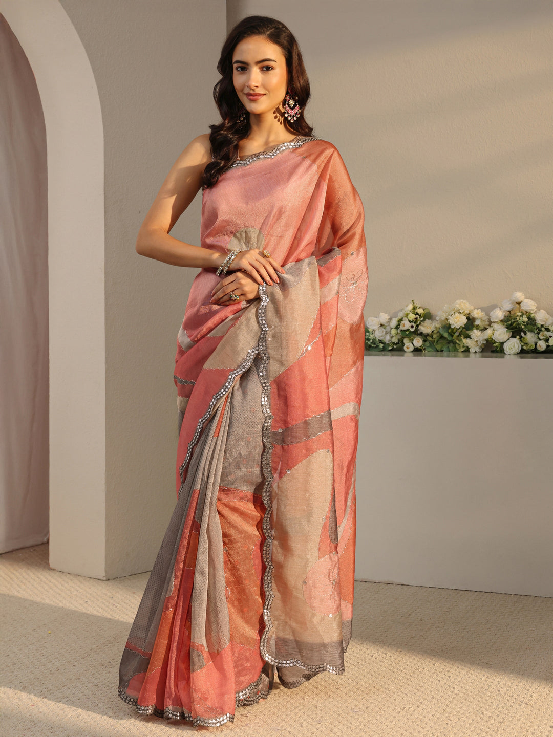 Libas Multi Abstract Printed Tissue Saree With Unstitched Blouse Piece