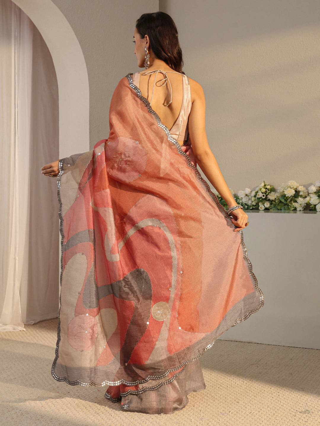 Libas Multi Abstract Printed Tissue Saree With Unstitched Blouse Piece