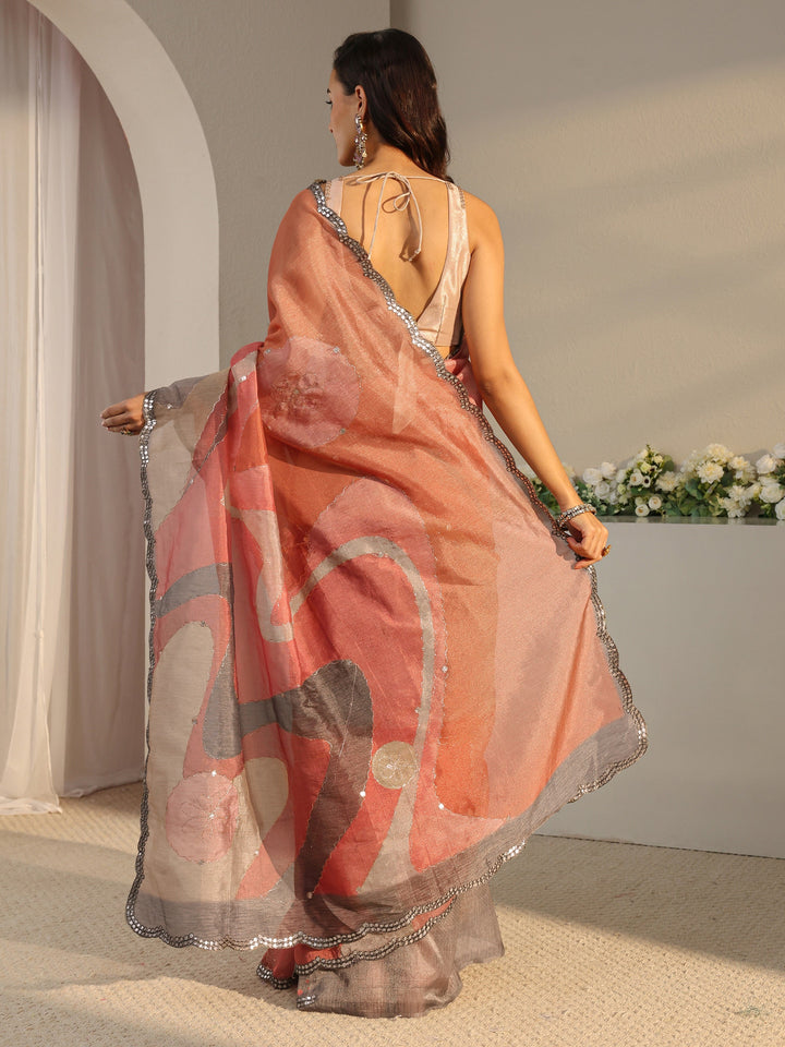 Libas Multi Abstract Printed Tissue Saree With Unstitched Blouse Piece