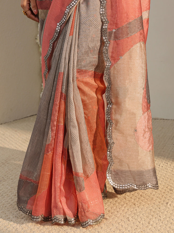 Libas Multi Abstract Printed Tissue Saree With Unstitched Blouse Piece