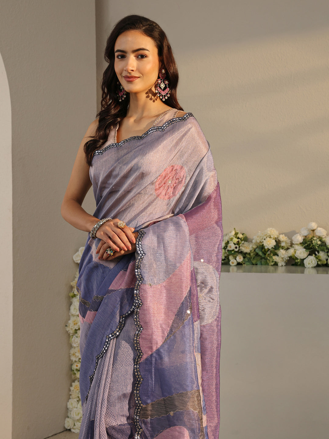 Purple Abstract Printed Tissue Saree With Unstitched Blouse Piece