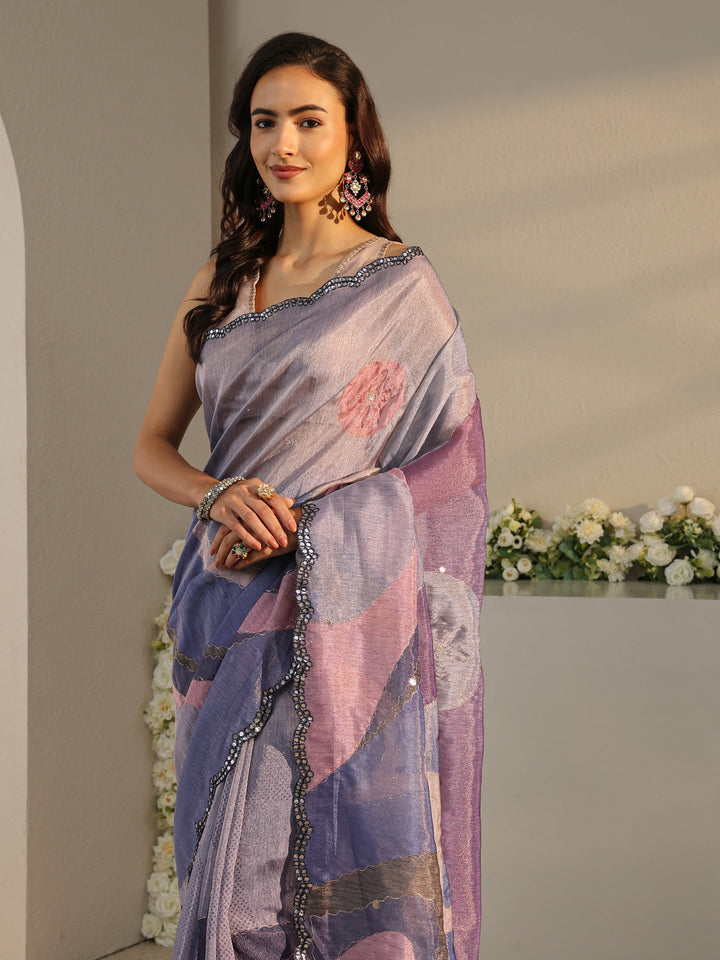 Purple Abstract Printed Tissue Saree With Unstitched Blouse Piece