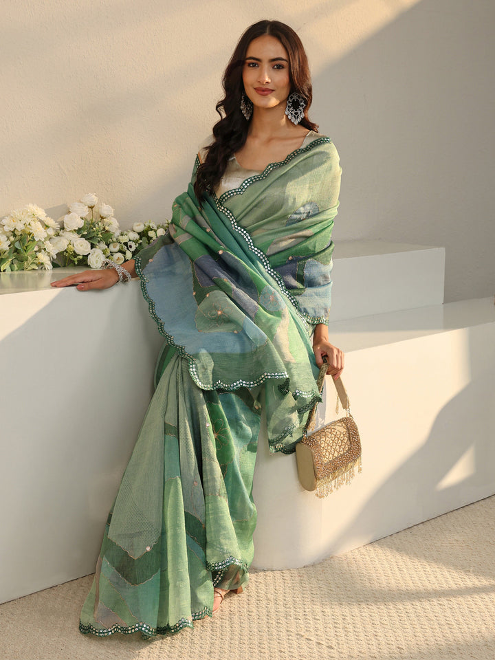 Green Abstract Printed Tissue Saree With Unstitched Blouse Piece