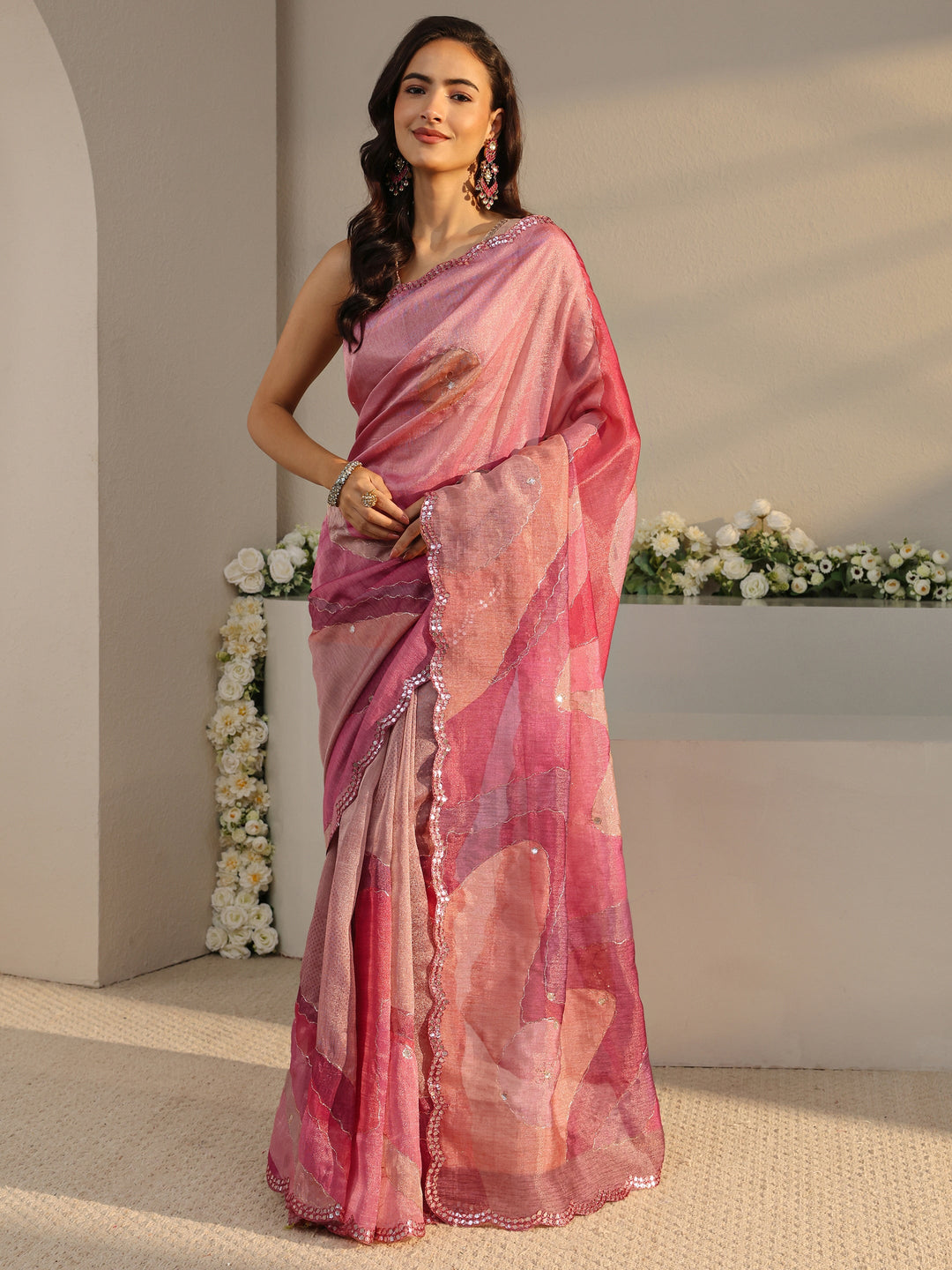 Pink Abstract Printed Tissue Saree With Unstitched Blouse Piece