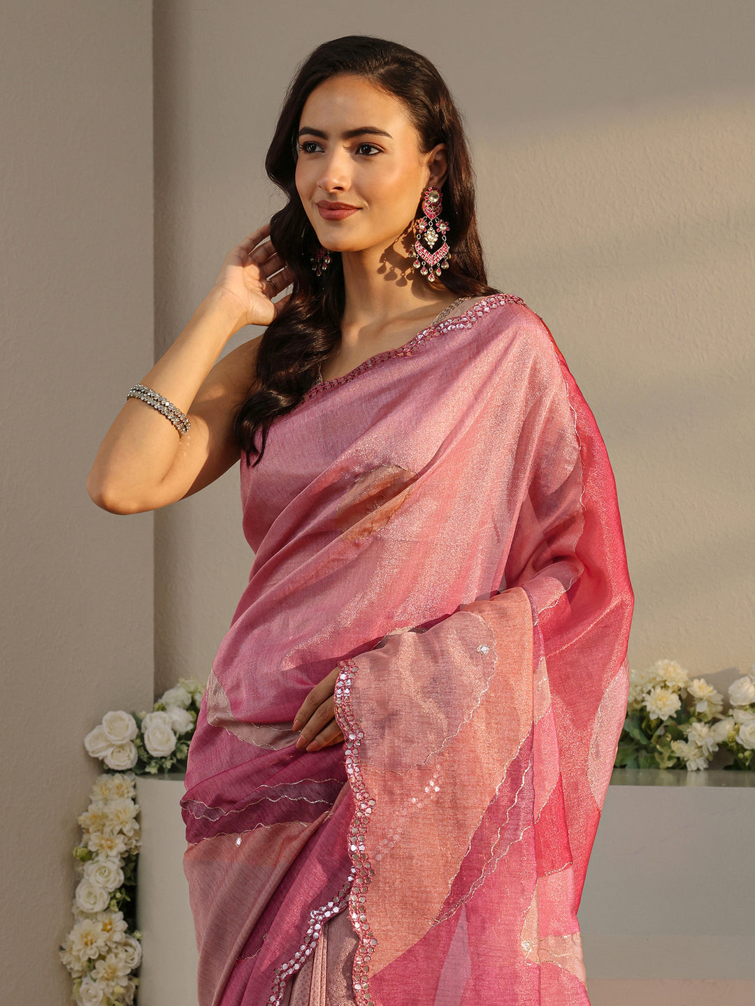 Pink Abstract Printed Tissue Saree With Unstitched Blouse Piece