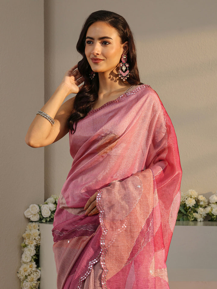 Pink Abstract Printed Tissue Saree With Unstitched Blouse Piece