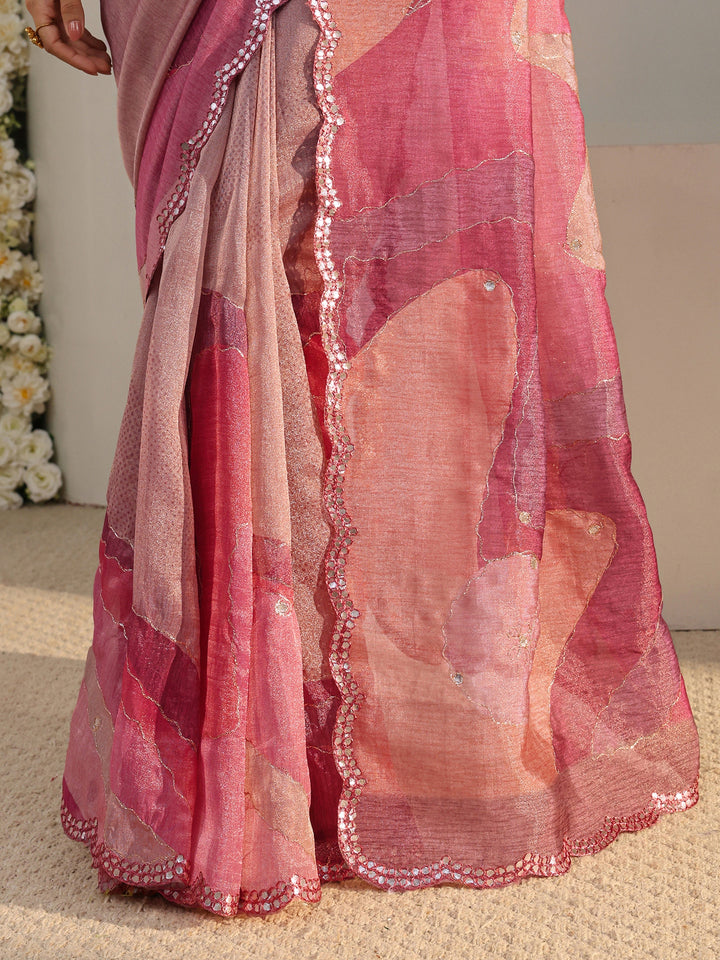 Pink Abstract Printed Tissue Saree With Unstitched Blouse Piece