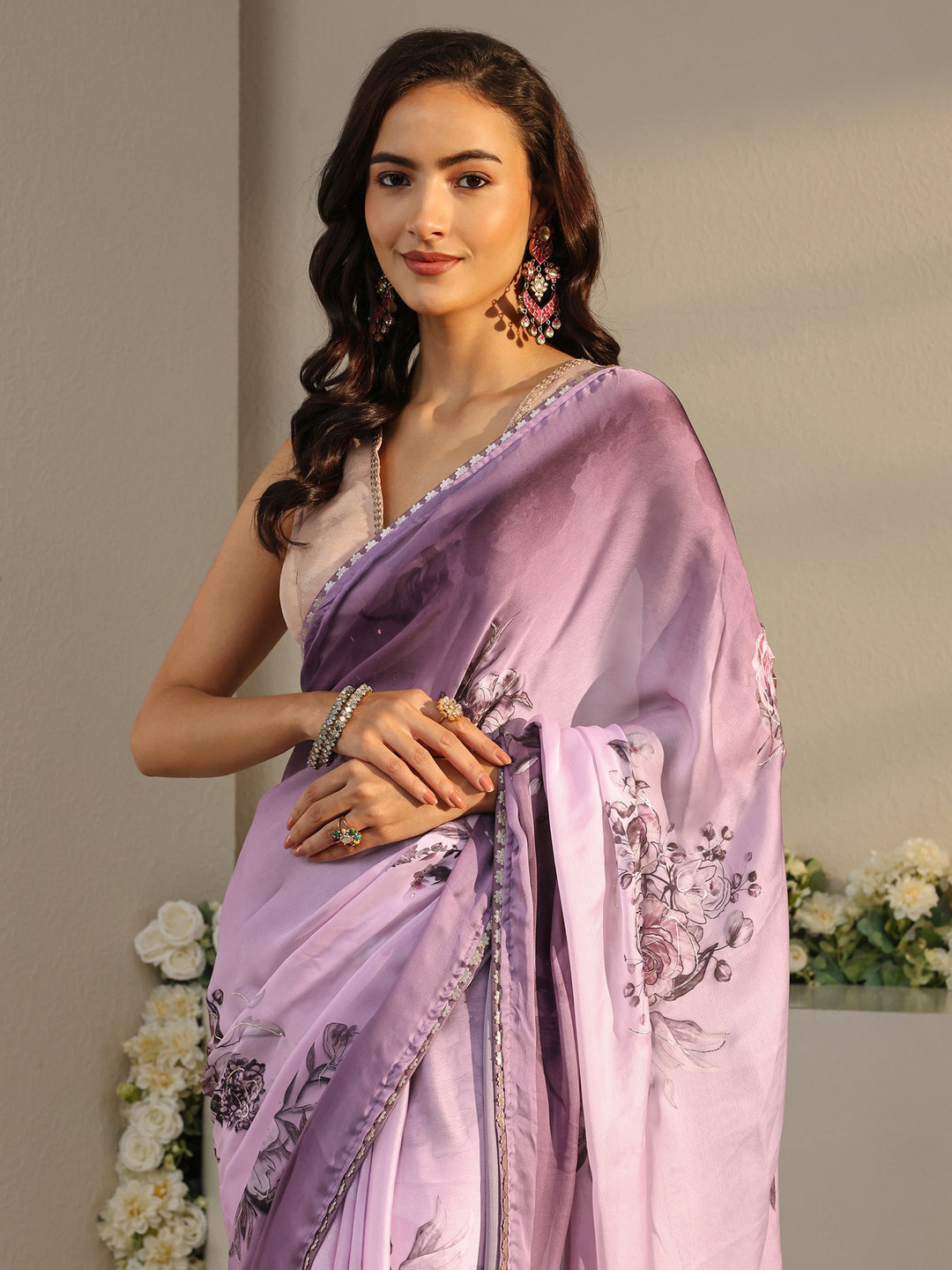 Purple Floral Printed Ombre Chiffon Saree With Unstitched Blouse Piece