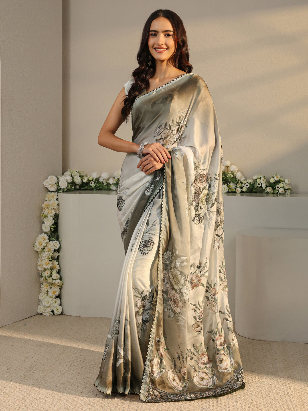 Ivory Floral Printed Ombre Chiffon Saree With Unstitched Blouse Piece