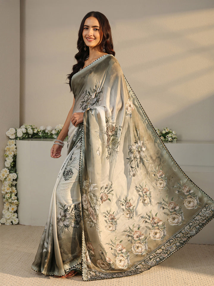 Ivory Floral Printed Ombre Chiffon Saree With Unstitched Blouse Piece