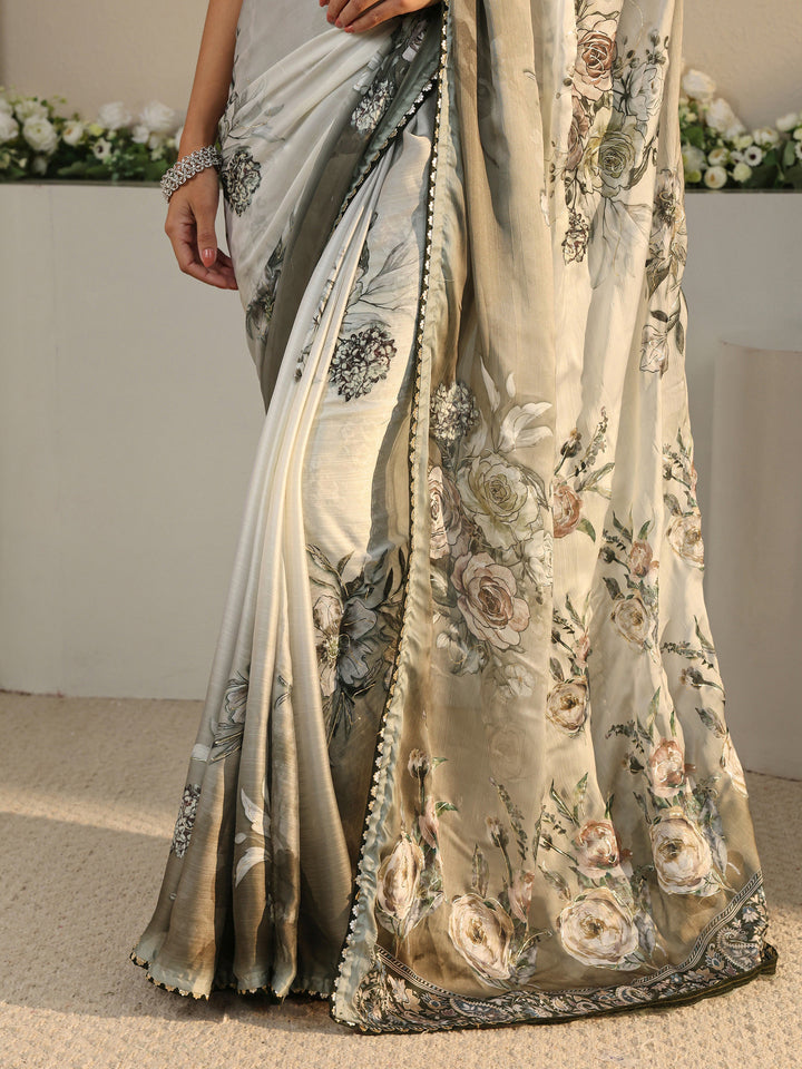 Ivory Floral Printed Ombre Chiffon Saree With Unstitched Blouse Piece