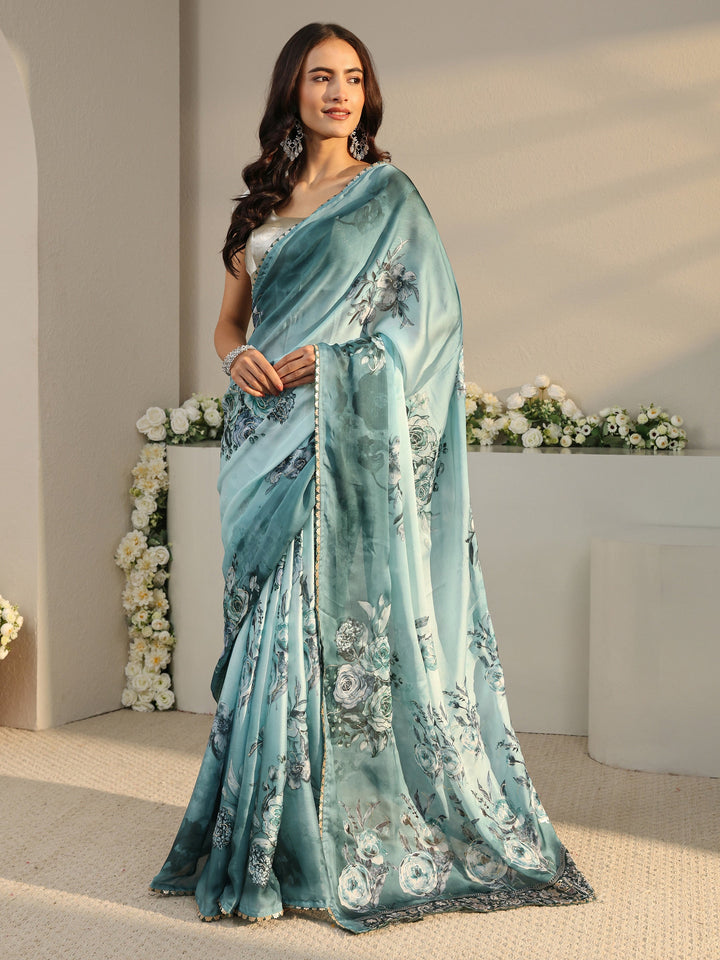 Blue Floral Printed Ombre Chiffon Saree With Unstitched Blouse Piece