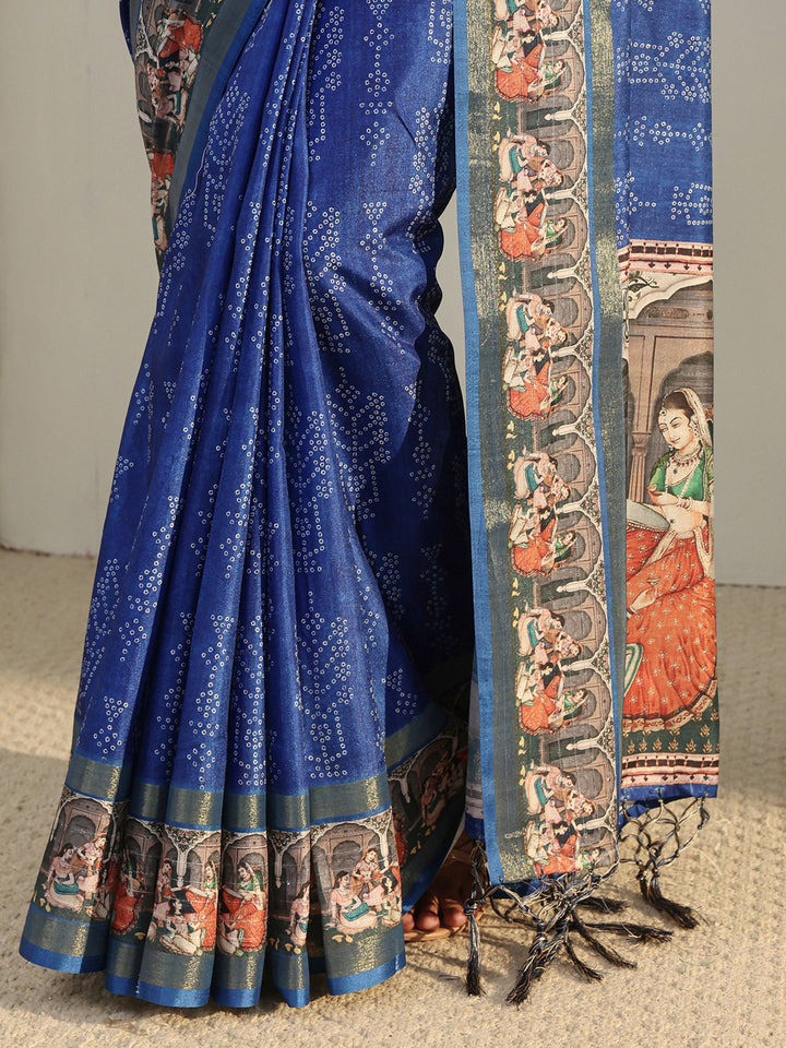 Blue Bandhani Printed Silk Blend Saree With Unstitched Blouse Piece