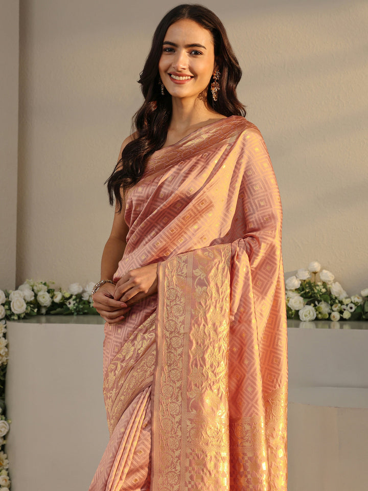 Peach Ethnic Woven Design Silk Blend Saree With Unstitched Blouse Piece