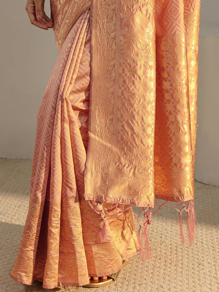 Peach Ethnic Woven Design Silk Blend Saree With Unstitched Blouse Piece