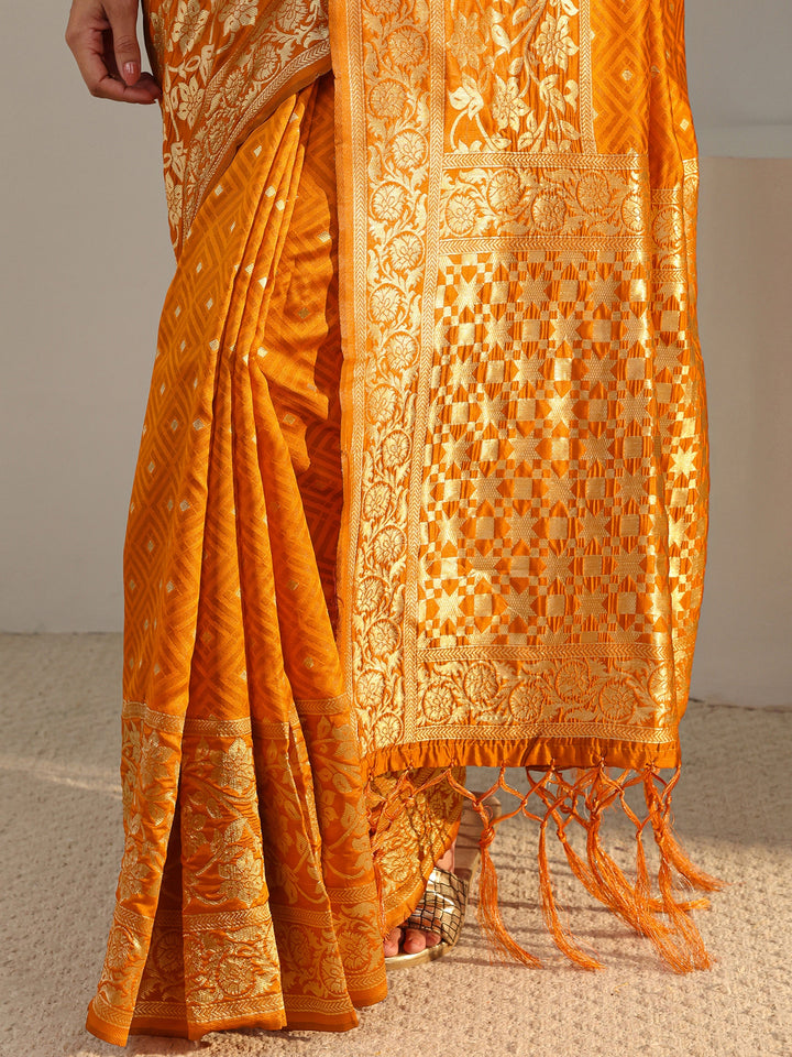 Orange Ethnic Woven Design Silk Blend Saree With Unstitched Blouse Piece
