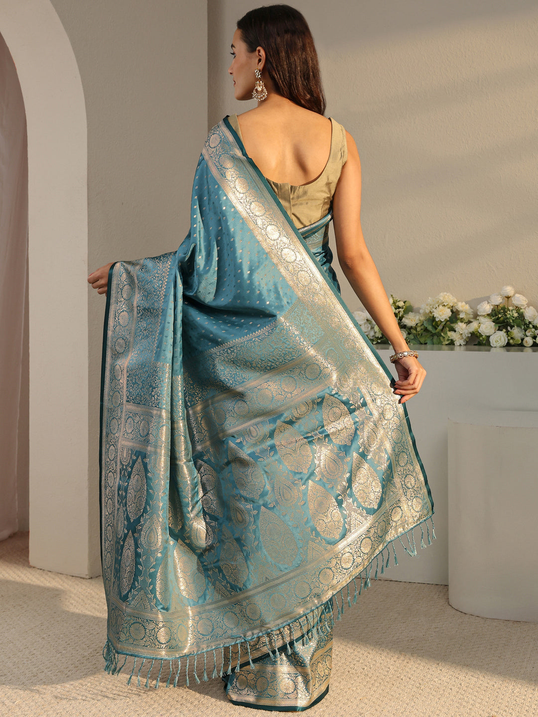 Libas Teal Ethnic Woven Design Silk Blend Saree With Unstitched Blouse Piece