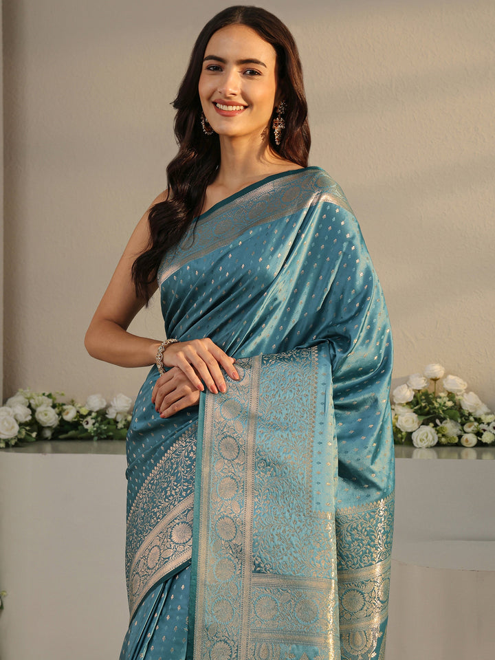 Libas Teal Ethnic Woven Design Silk Blend Saree With Unstitched Blouse Piece
