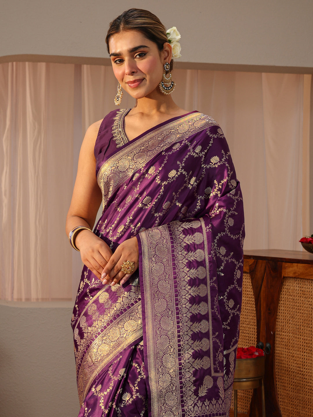 Burgundy Banarasi Silk Blend Saree