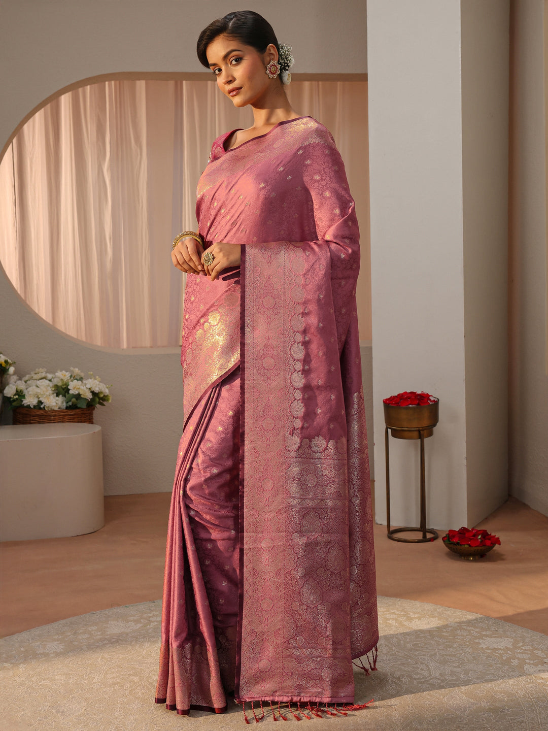Pink Kanjeevaram Silk Blend Saree