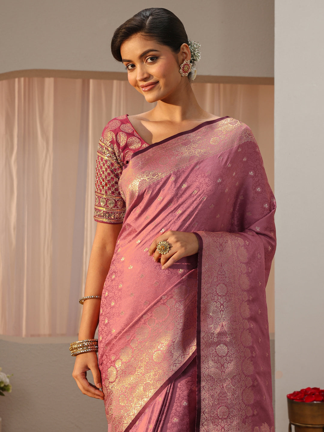 Pink Kanjeevaram Silk Blend Saree