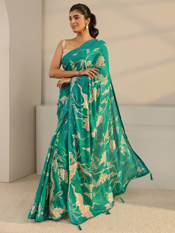 Libas Green Floral Printed Georgette Tassel Saree With Unstitched Blouse Piece