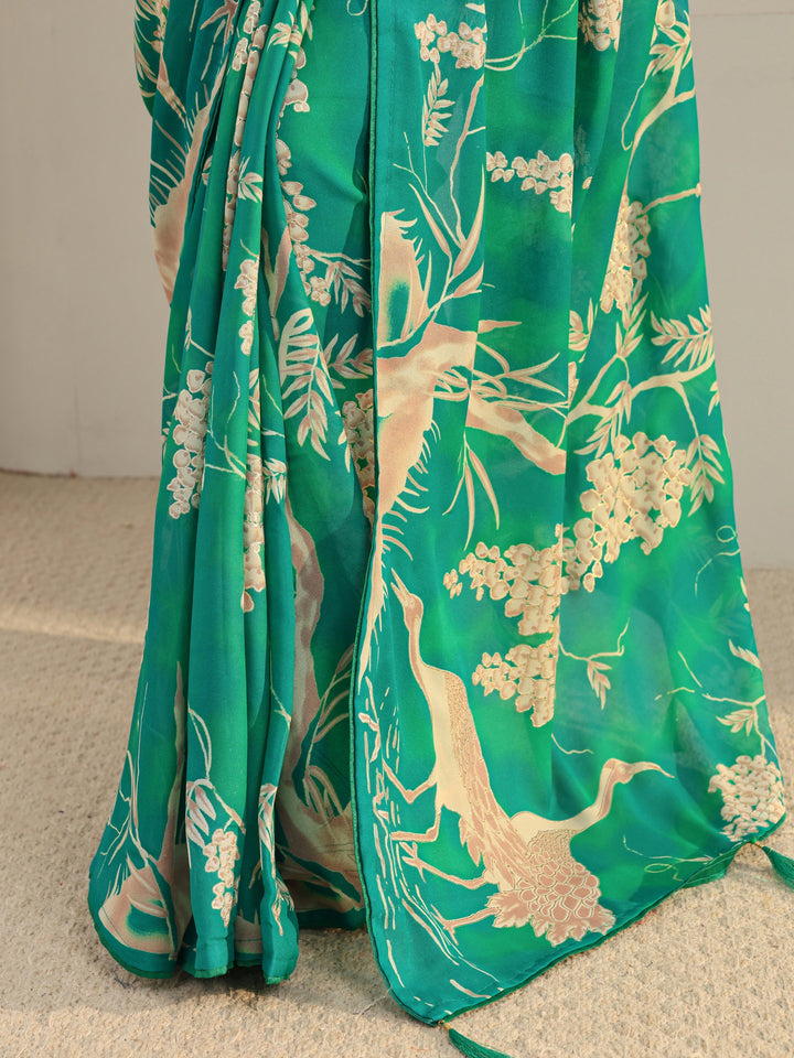 Libas Green Floral Printed Georgette Tassel Saree With Unstitched Blouse Piece