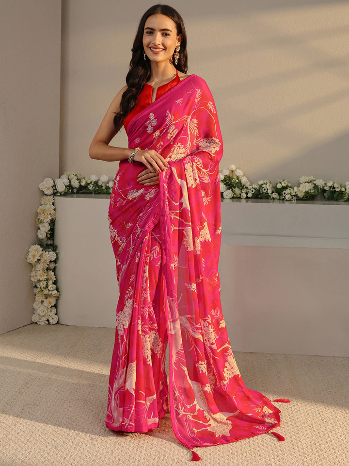 Pink Quirky Printed Georgette Saree With Unstitched Blouse Piece