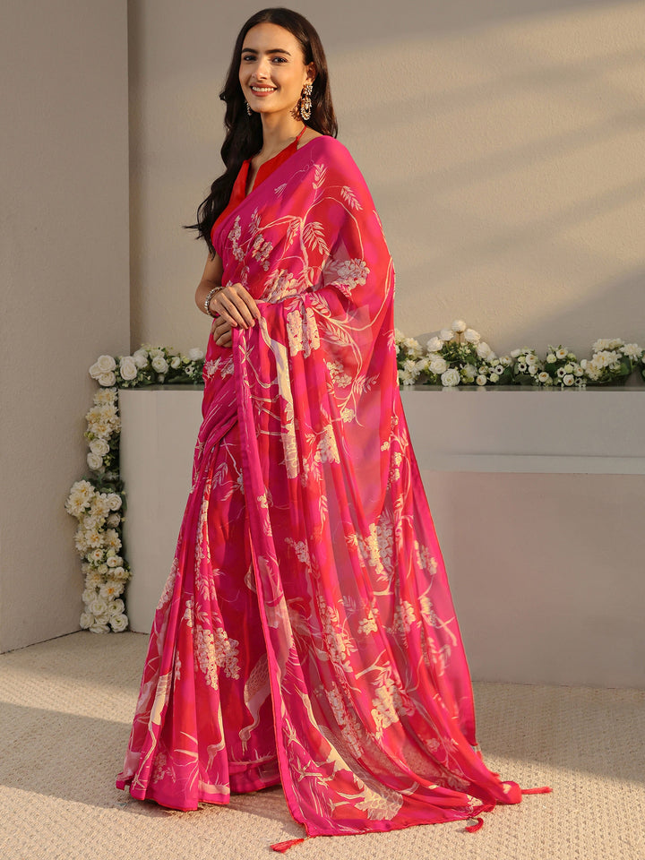 Pink Quirky Printed Georgette Saree With Unstitched Blouse Piece