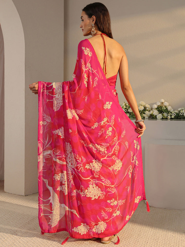 Pink Quirky Printed Georgette Saree With Unstitched Blouse Piece