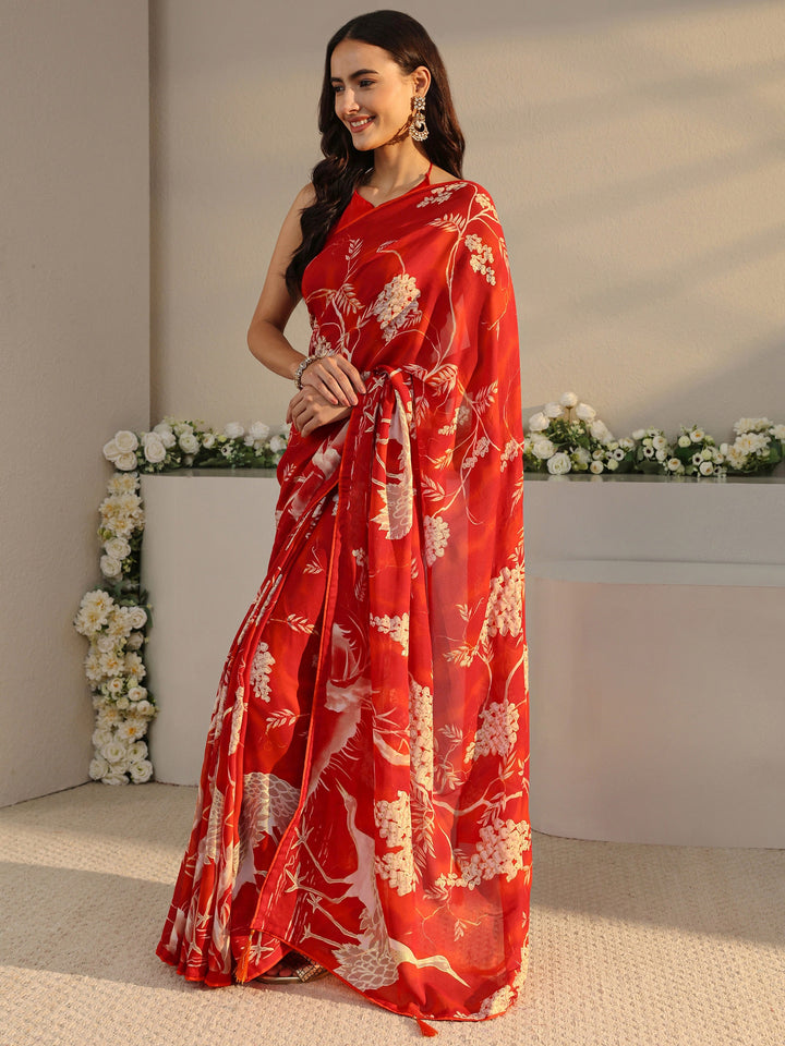 Red Quirky Printed Georgette Saree With Unstitched Blouse Piece