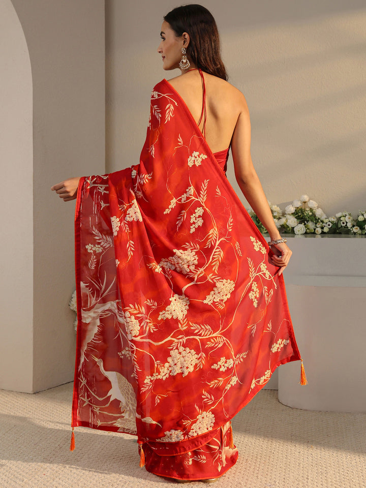 Red Quirky Printed Georgette Saree With Unstitched Blouse Piece