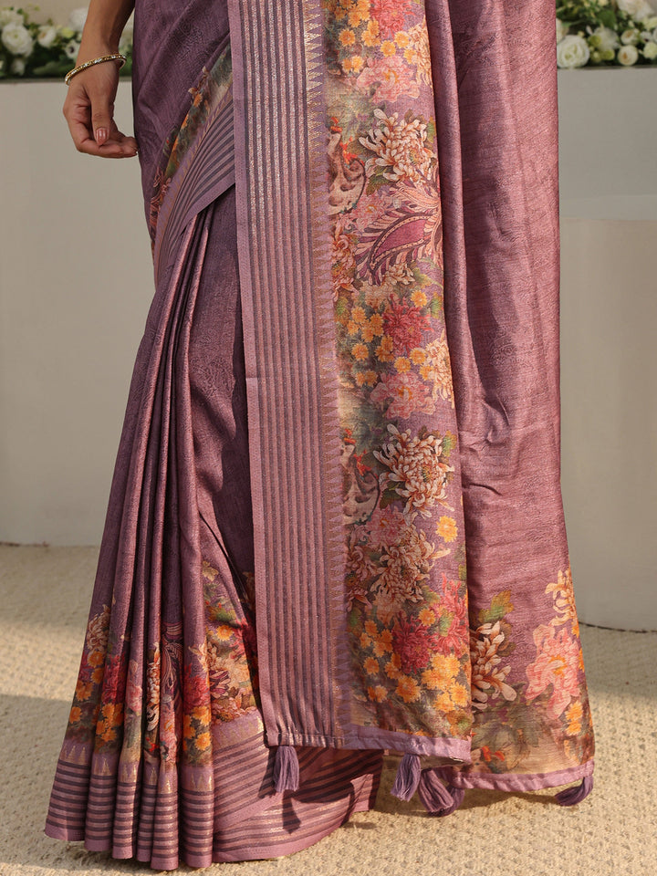 Purple Floral Silk Blend Saree With Unstitched Blouse Piece
