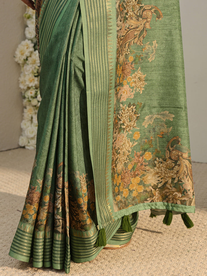 Green Floral Silk Blend Saree With Unstitched Blouse Piece