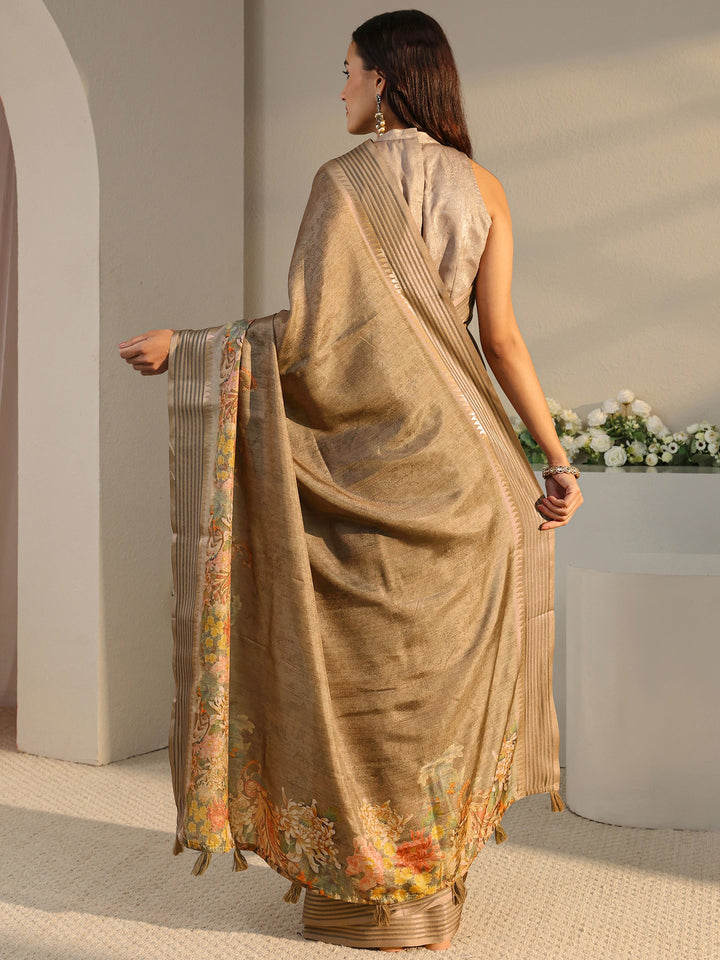 Brown Floral Silk Blend Saree With Unstitched Blouse Piece