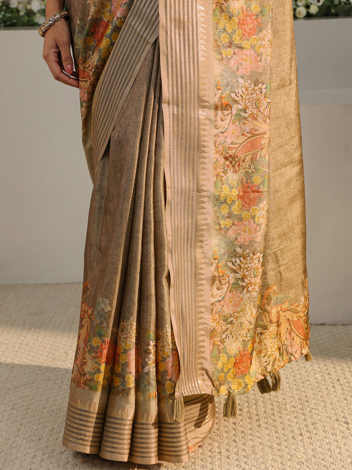 Brown Floral Silk Blend Saree With Unstitched Blouse Piece