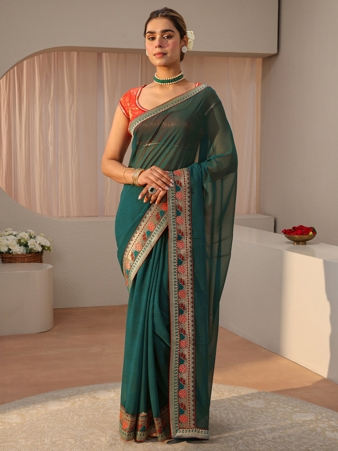 Green Georgette Saree With Floral Border